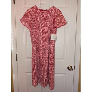 Liz Claiborne Red White Polka Dot Belted Dress Size 14 Short Sleeve Midi NWT